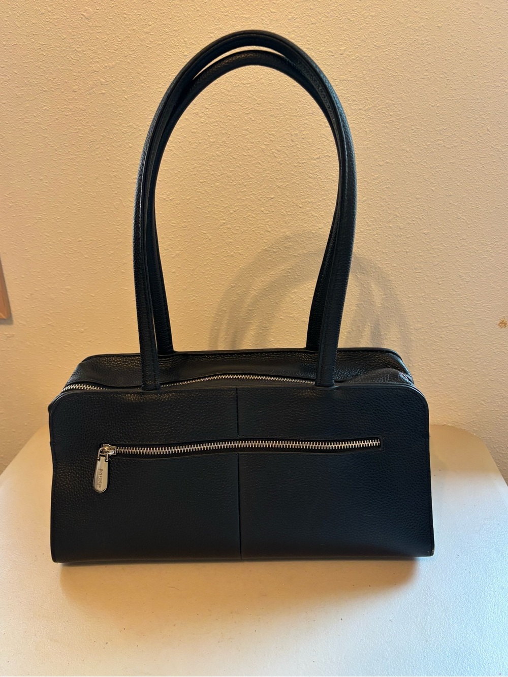 Bostanten Black Pebble Leather Shoulder Bag with Front Zip Pocket